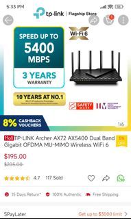 TP LINK AX72 AX5400 WIFI 6 ROUTER (3 YEAR WARRANTY)