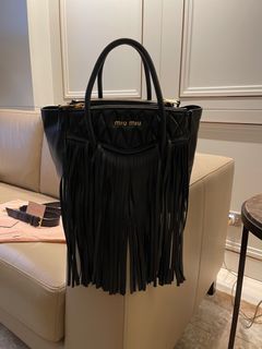 100 % Authentic Miu Miu Biker with Fringe Shoulder Bag in Black Nappa Leather R1032F