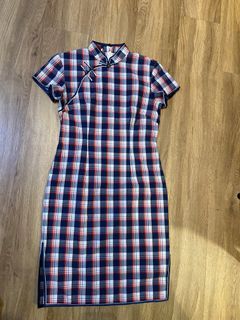 Golden scissor Cheongsam pure checkered cotton national colours