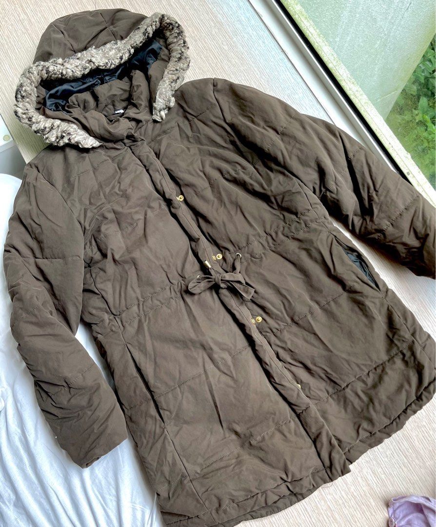 ✨h&m olive khaki green puffer jacket with fur hoodie lined