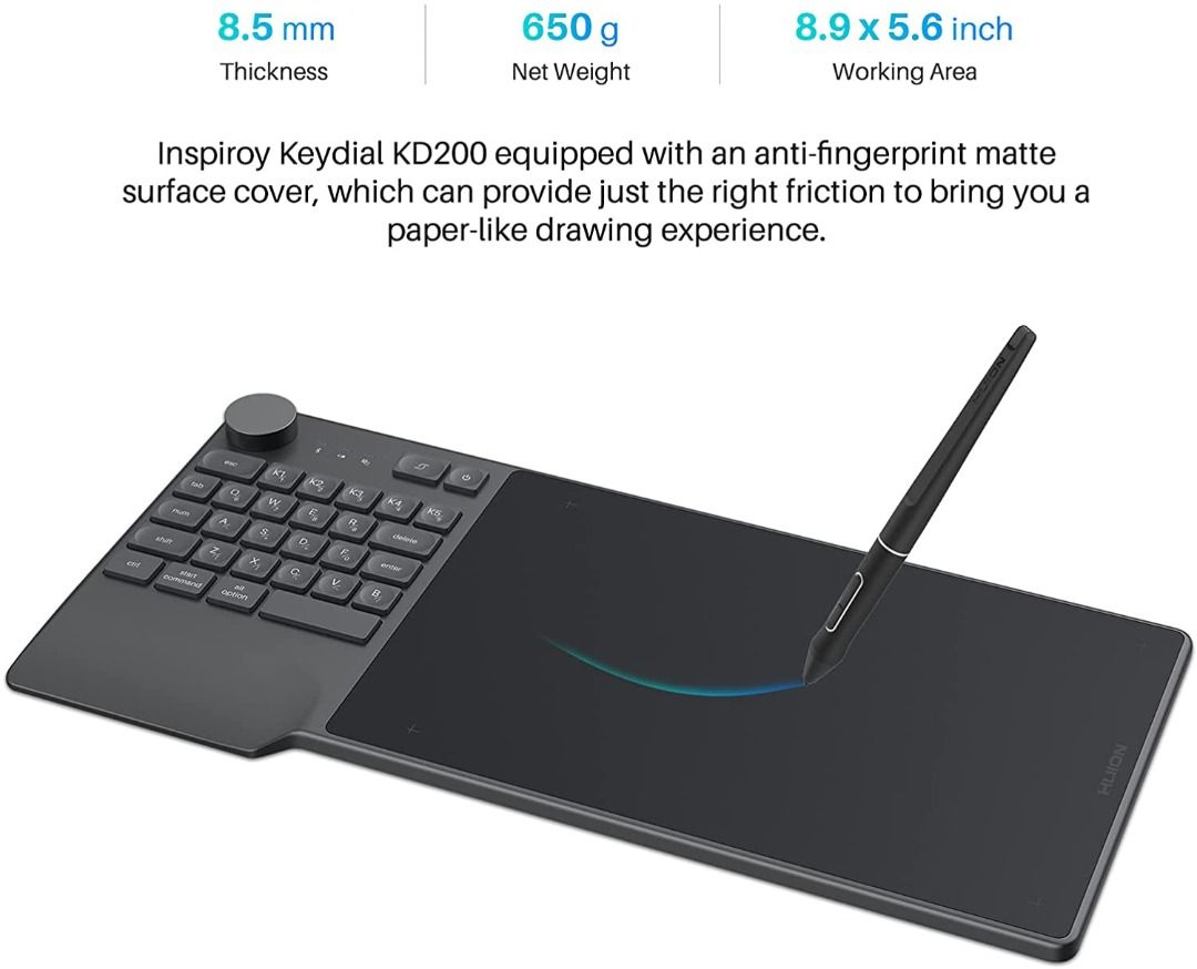 Wireless Drawing Tablet HUION Inspiroy Keydial KD200 Bluetooth Graphic Tablet With Keyboard Dial 5 Customized Express Keys Battery-Free Pen, 8.9x5.6 Inch Art Tablet Compatible With Windows,Mac,Android