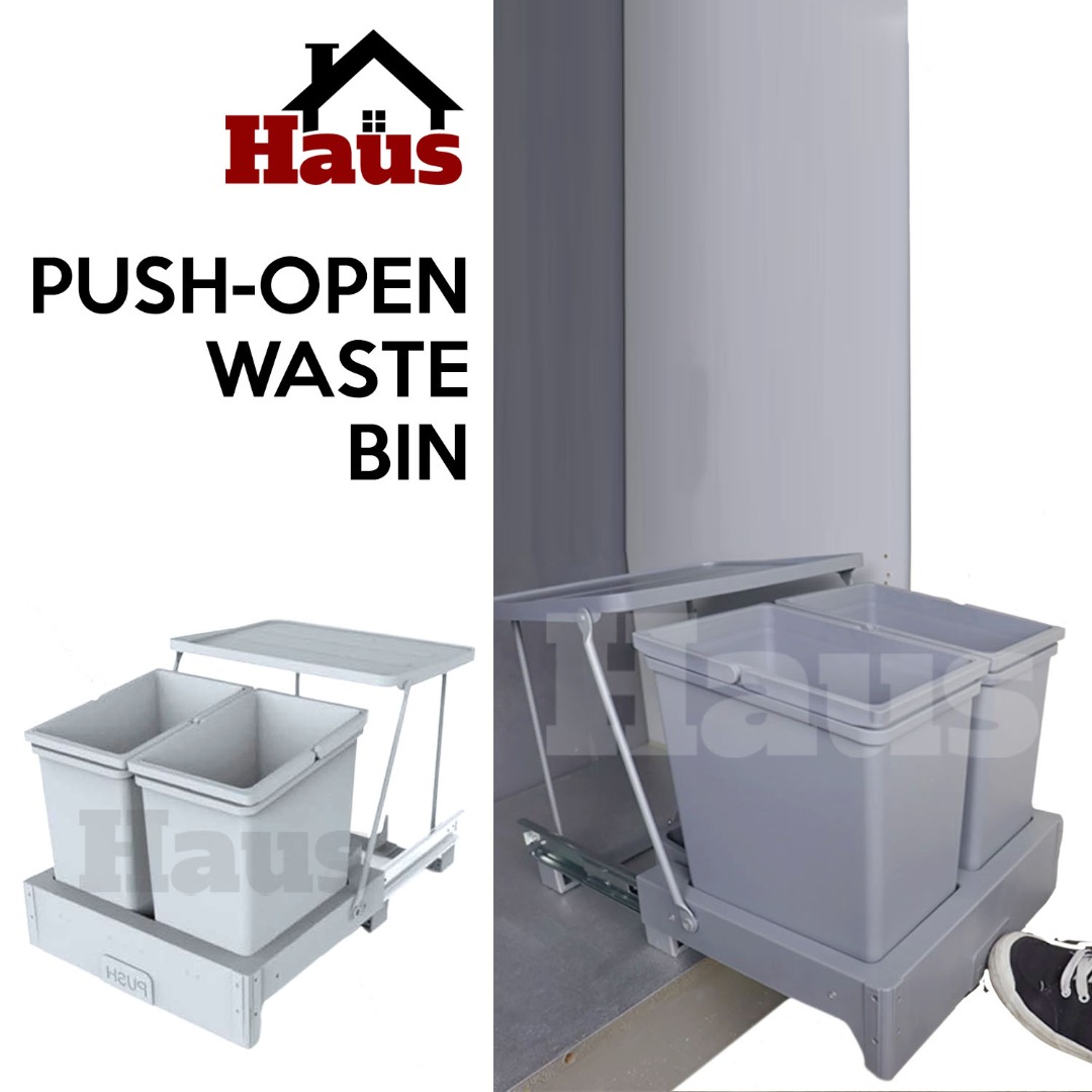 Push Open Waste Bin Grey, Furniture & Home Living, Bathroom & Kitchen Fixtures on Carousell