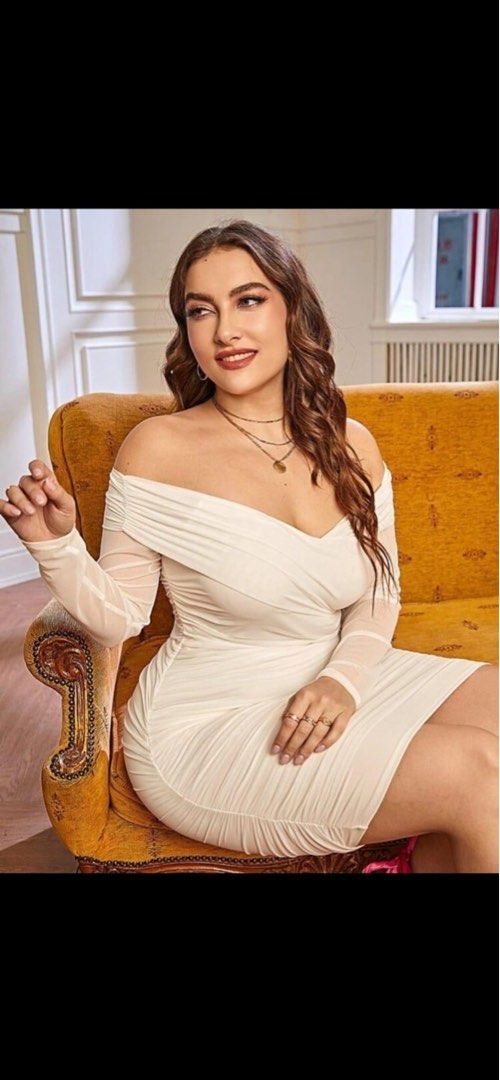 Shein White mesh ruched offshie off shoulder bodycon dress plus size,  Women's Fashion, Dresses & Sets, Dresses on Carousell