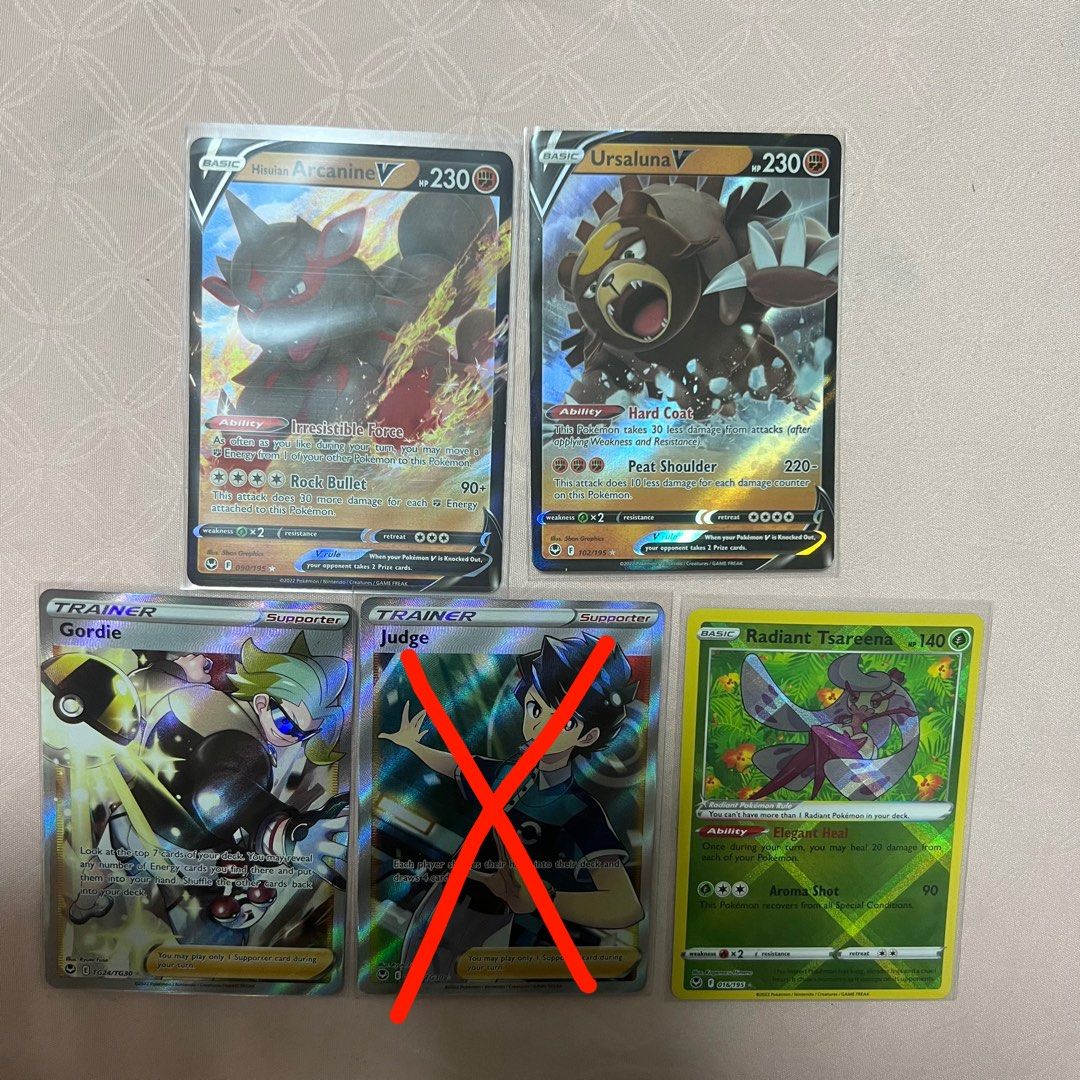 Ursaluna V/Hisuian Arcanine/Gordie Trainer/Judge Trainer/Radiant Tsareena Pokmon  Silver Tempest Tcg, Hobbies & Toys, Toys & Games on Carousell