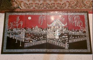 Vietnamese lacquer painting with mother of pearl inlay depicting the One Pillar Pagoda