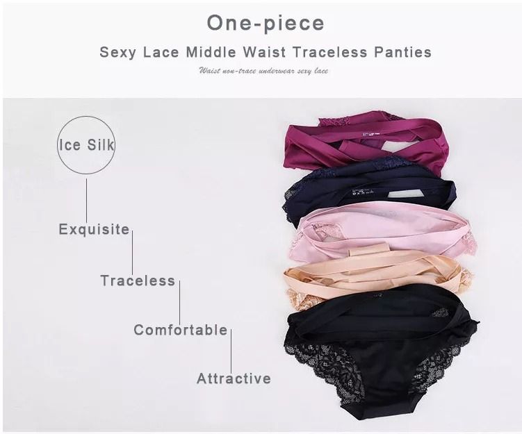 Cheap Women's Traceless Mid Waist Underwear Lace Girl Thin