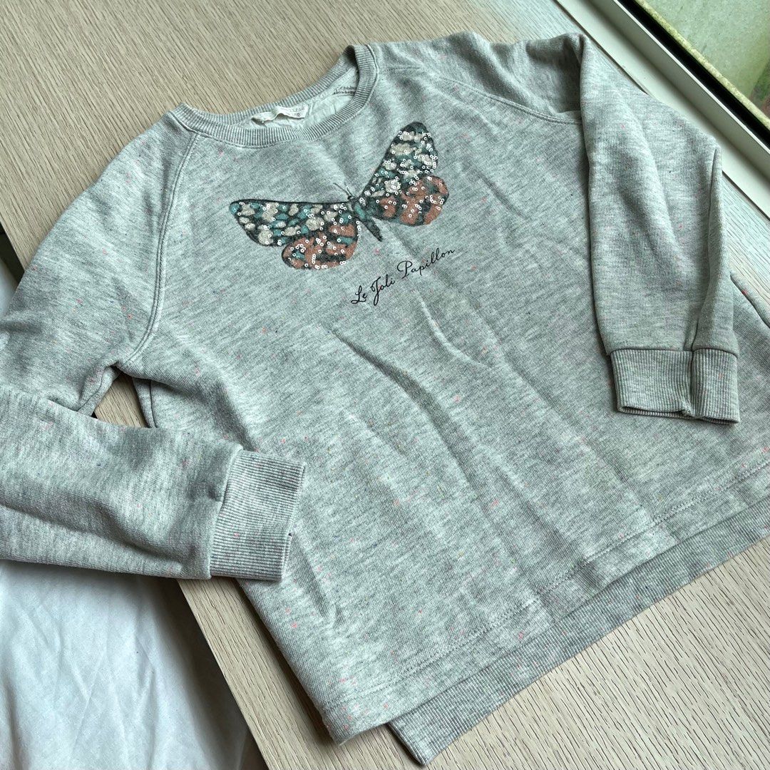 zara light grey butterfly sequin textured oversized pullover sweatshirt hoodie jacket keeps warm in winter