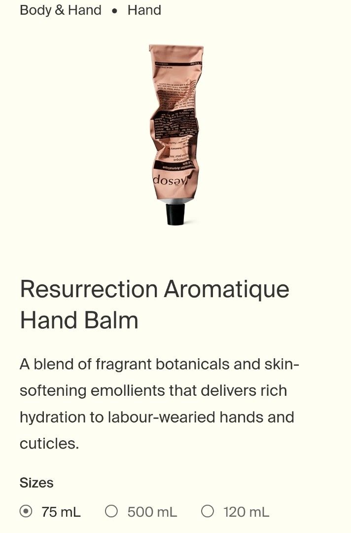 Aesop Resurrection Aromatique Hand Balm, Beauty & Personal Care, Hands ...