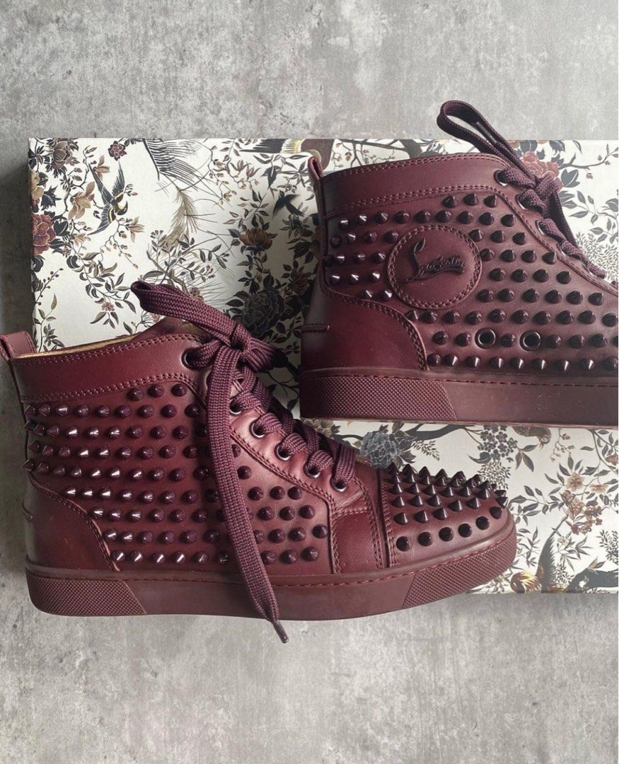 Christian Louboutin burgundy studded high cut leather shoes