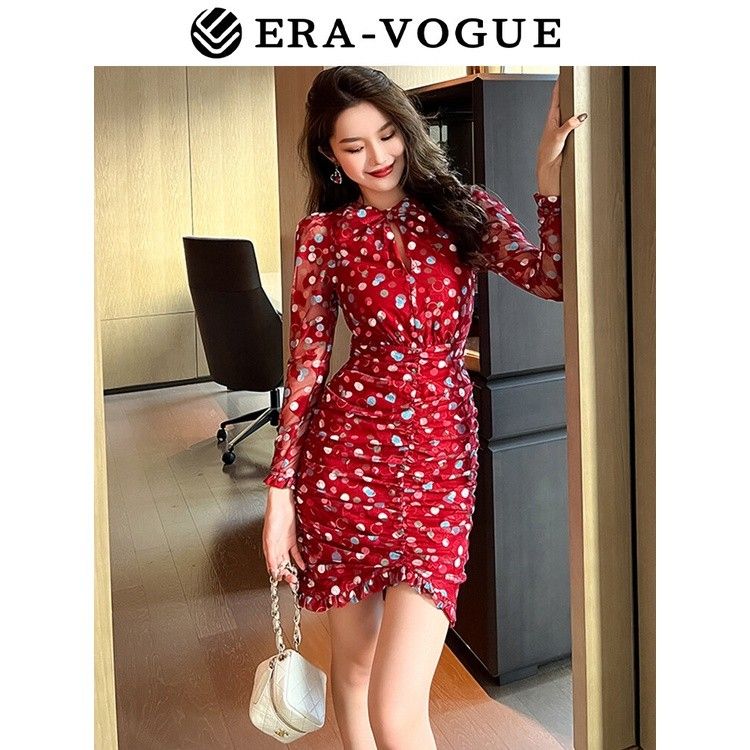 BNWT Party Sexy elegant gorgeous red dress long sleeve bodycon polkadot retro red dress