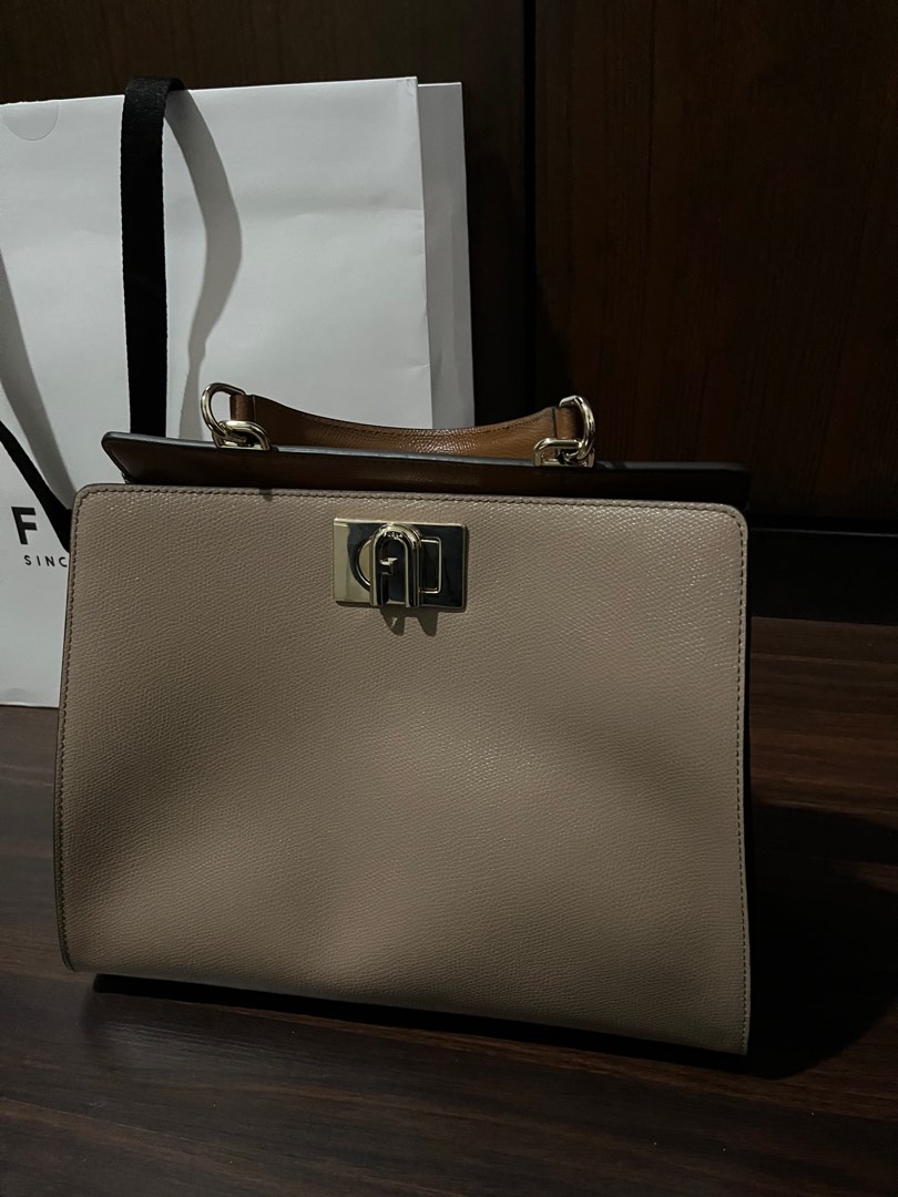 Furla 1927 Top Handle Medium in Griege + Nero + Cognac, Women's Fashion