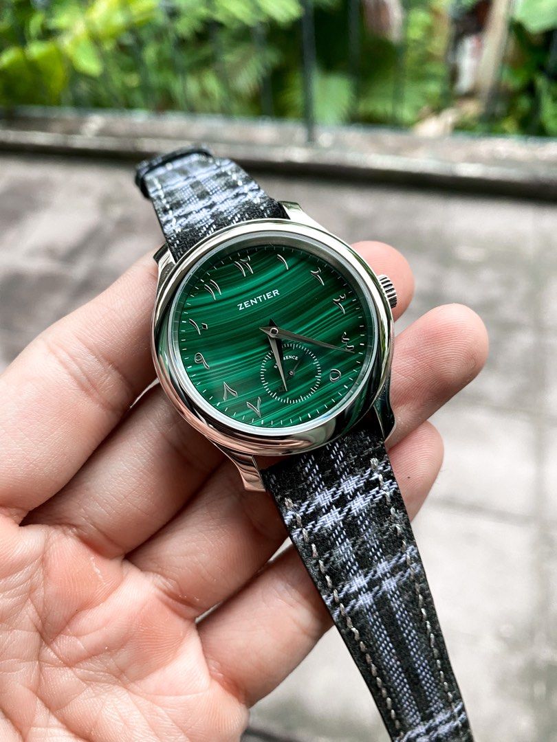 Handmade Black Cotton Plaid Fabric Watch Strap with Platinum