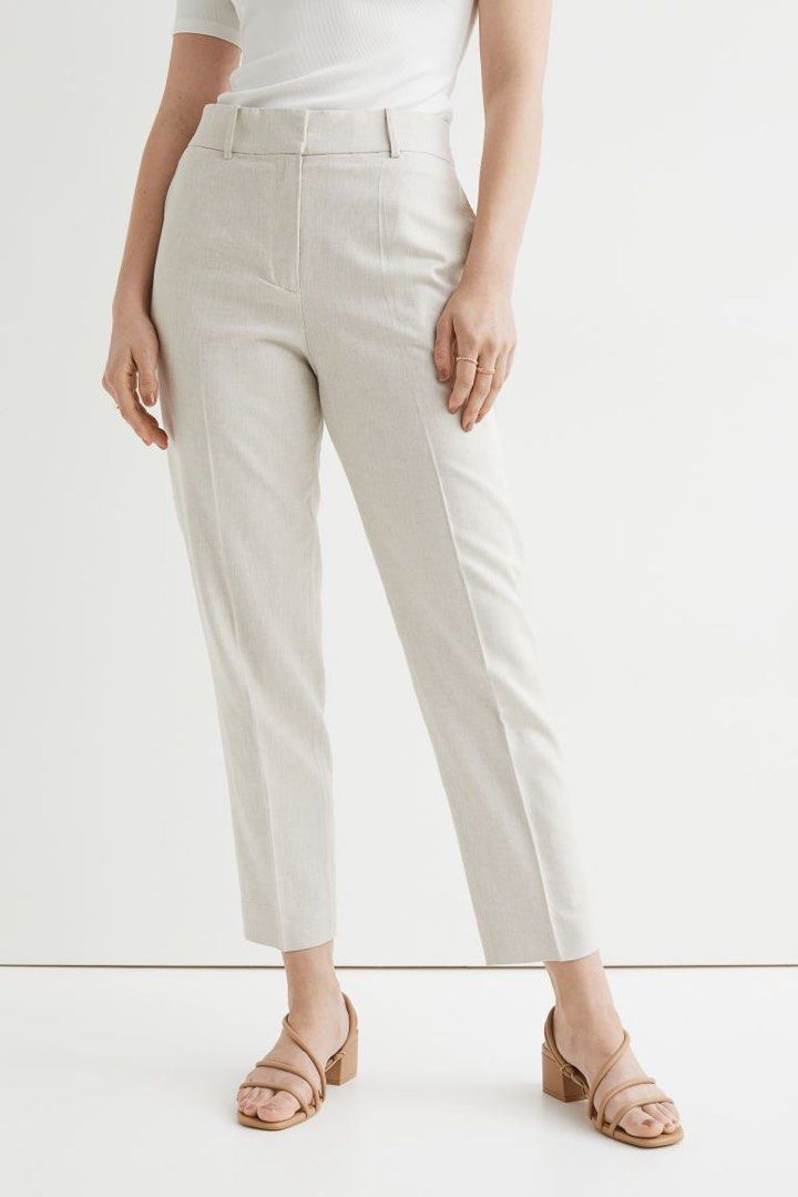 H M White Linen Tapered Trousers in White Women s Fashion