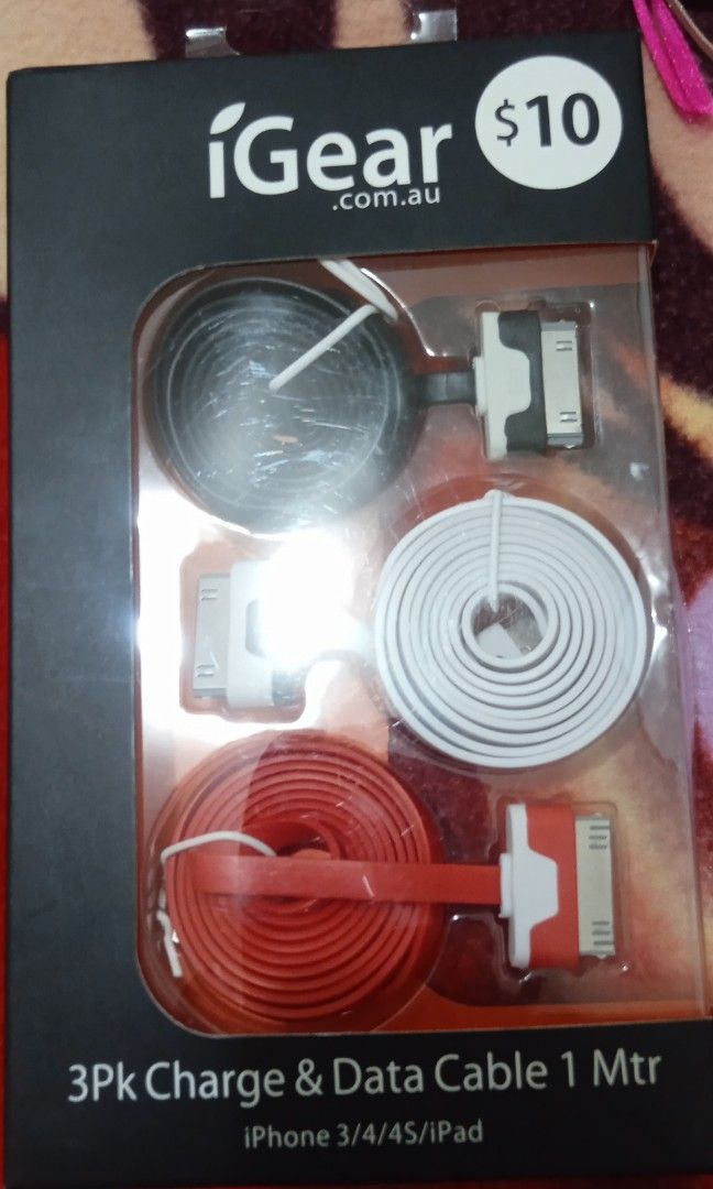 Igear 3pk charge and date cable 1 mtr (Category: Chargers & Cables) located in Imus. Submitted by dahdahlicious (Listing ID 1204917968, Image 1). Description: 3 pcs NEW for iphone 3/4/4s and iPad bought from new zealand.