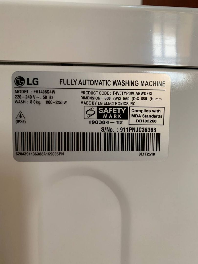 LG Front Load Washer 8kg FV1408S4W, TV & Home Appliances, Washing