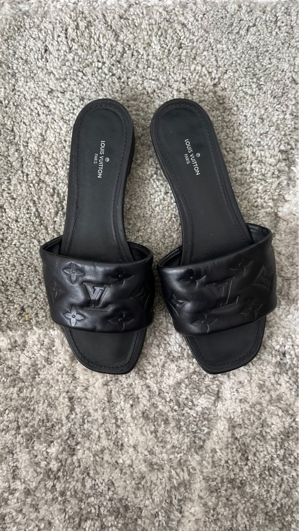 Louis Vuitton Black Monogram Embossed Leather Revival Flat Slides