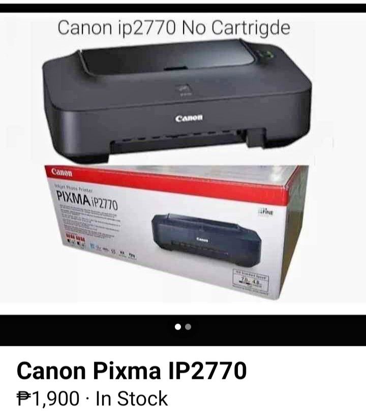 Printer cannon Pixma iP2770 (Category: Printers, Scanners & Copiers) located in Manila. Submitted by charles.carlcustomizedshop (Listing ID 1204880687, Image 1). Description: no cartridge good quality good as new inkjet photo printer good for pictures and documents with box no receipt nawala na po buyers will shoulder shipping fee mop via gcash or BPI.