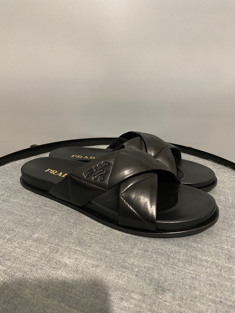 RTP $1,200) PRADA LOGO CROSS STRAP SLIDE SANDALS, Luxury, Sneakers