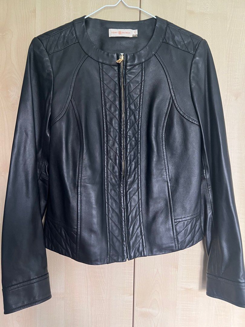 Tory Burch Leather Jacket with Zip size 4, Luxury, Apparel on Carousell