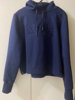 近全新 ASICS 亞瑟士深藍色厚棉高領運動帽T/大學T