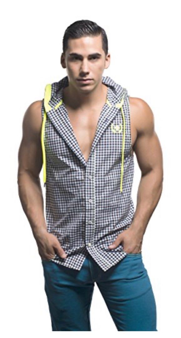 Andrew Christian Sleeveless Hoodie Shirt Black Aqua Check BNWT Size Large Men s Fashion Tops Sets Hoodies on Carousell