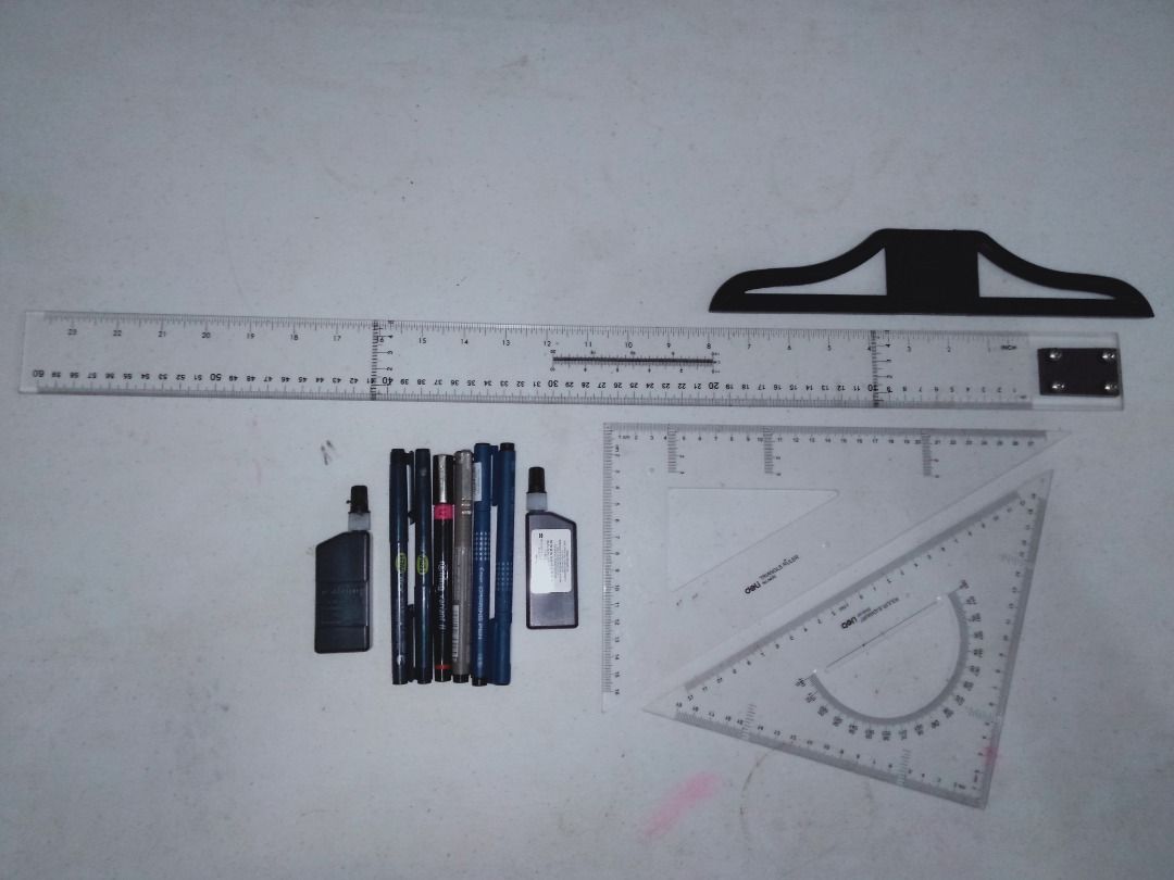 Drawing Materials (Category: Stationery & School Supplies) located in Subic. Submitted by angeline2908 (Listing ID 1205089403, Image 1). Description: Drawing Materials (NEW AND SLIGHTLY USED ITEMS) T square (60 cm) - PHP 350 Triangle ruler set - PHP 70 Techincal Pen 1.2 (rotring) - PHP 650 Rotring black ink 23 ml (2x) - PHP 330 * 1x new * 1x 1/2 full Unipin (bundle) - PHP 190 * 2x Pilot 0.2 * 1x HBW 0.2 * 1x HBW 0.7 * 1x Artline 0.1 Bundles: T sq