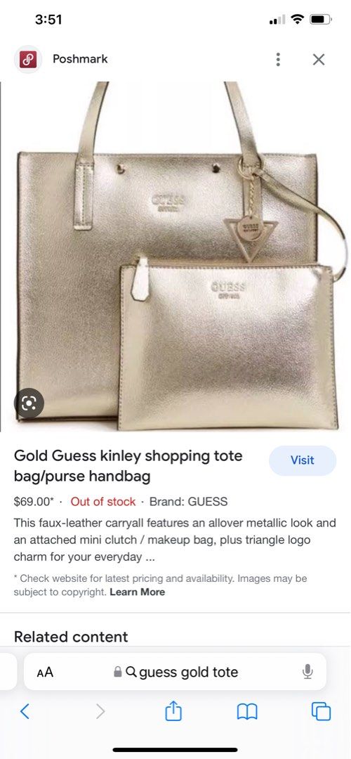 Gold Guess kinley shopping tote bag purse handbag