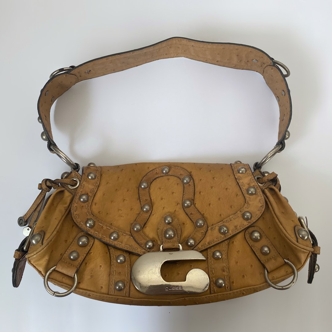 guess studded faux ostrich leather brown shoulder bag y2k Women s