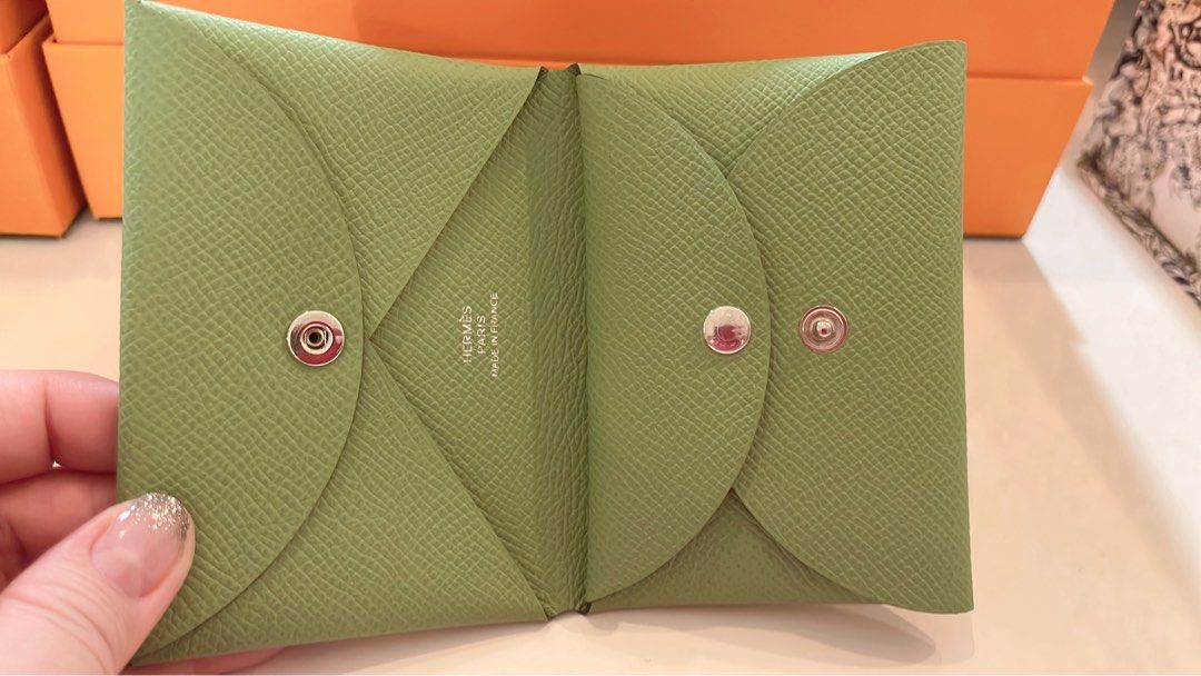 Hermes, Bags, Bnib Hermes Calvi Duo Compact Card Holder Wallet Evercolor  Vert Criquet