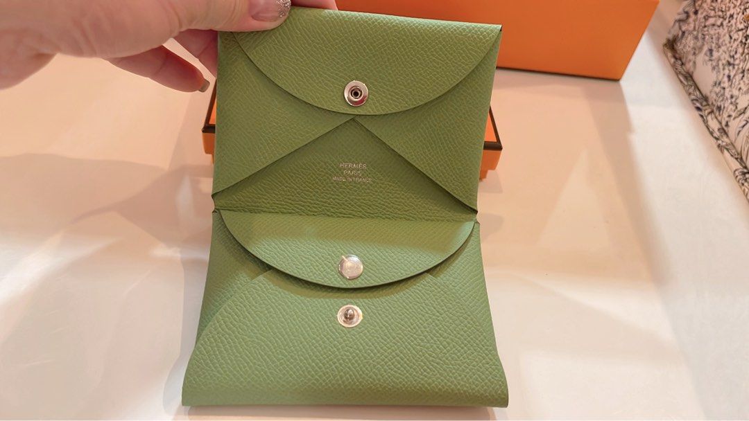 Pre-Owned Hermes Calvi Duo Card Holder Wallet Green Tinged with Blue Color