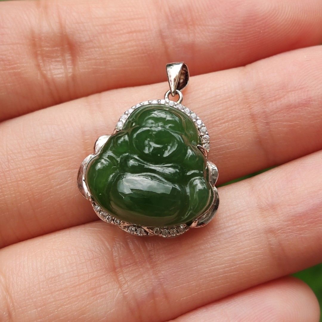 Jade laughing buddha necklace hot sale