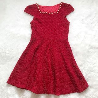 Red Tweed Textured Dress - Baju pesta dress merah maroon