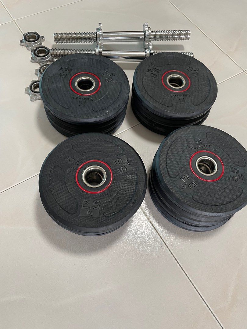 Rubber coated weight plates + dumbbell bars NEGOTIABLE, Sports