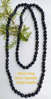 Vintage Faceted Black Lucite Beads Faux Black Diamond Long Necklace