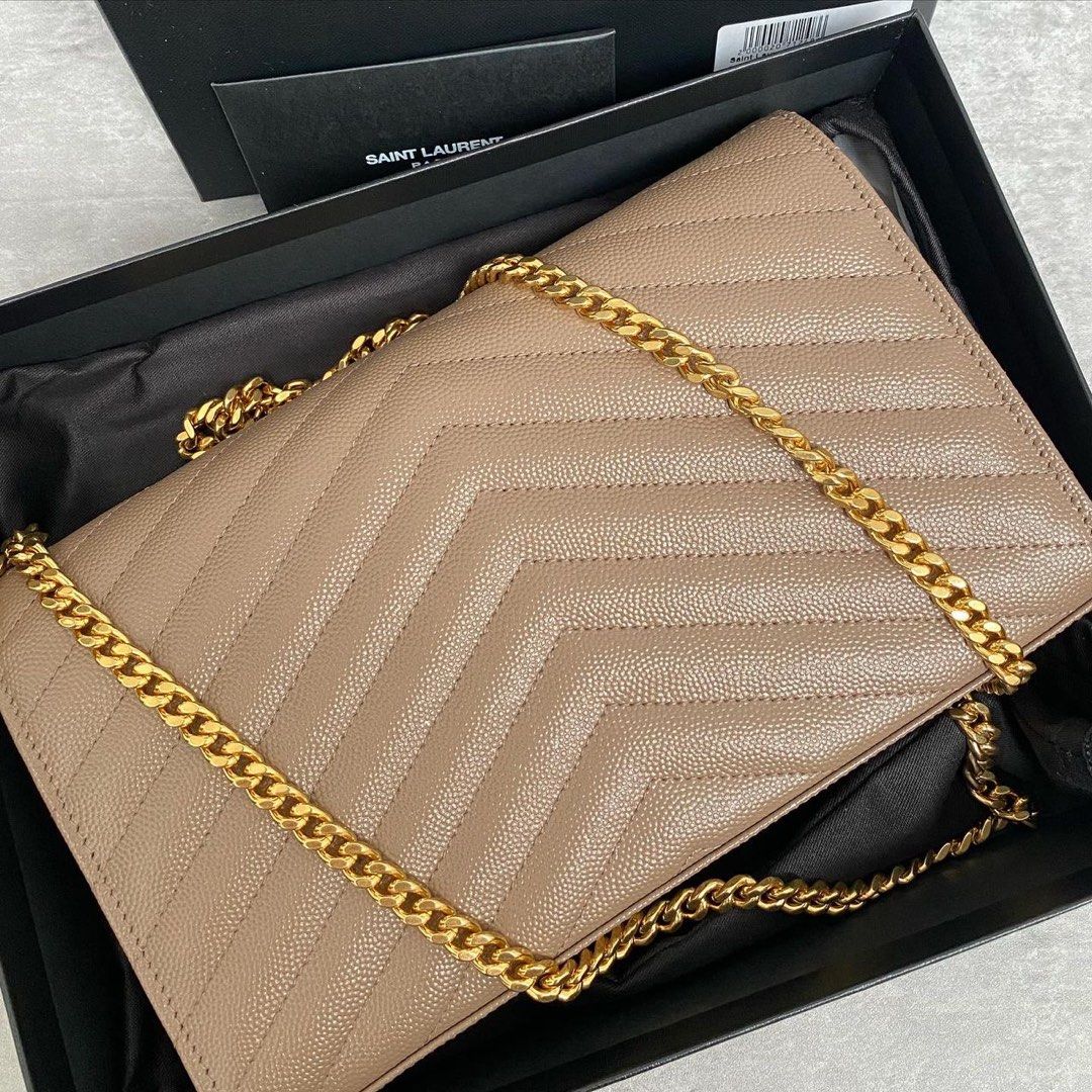 💯 AUTHENTIC YSL LARGE WALLET ON CHAIN (WOC) DARK BEIGE GHW