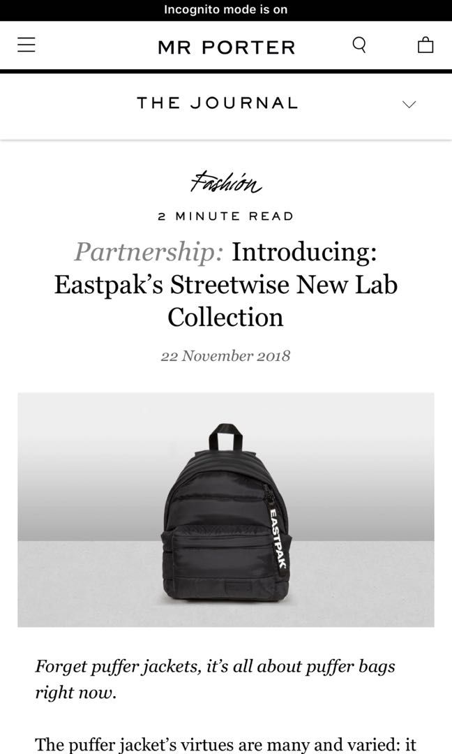 Auth Eastpak puffer backpack, Men's Fashion, Bags, Backpacks on Carousell