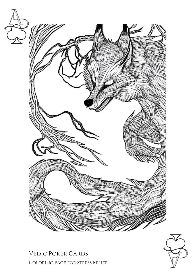 Coloring Page 11445 Playing Cards Ace of Clubs Nine Tailed Fox in