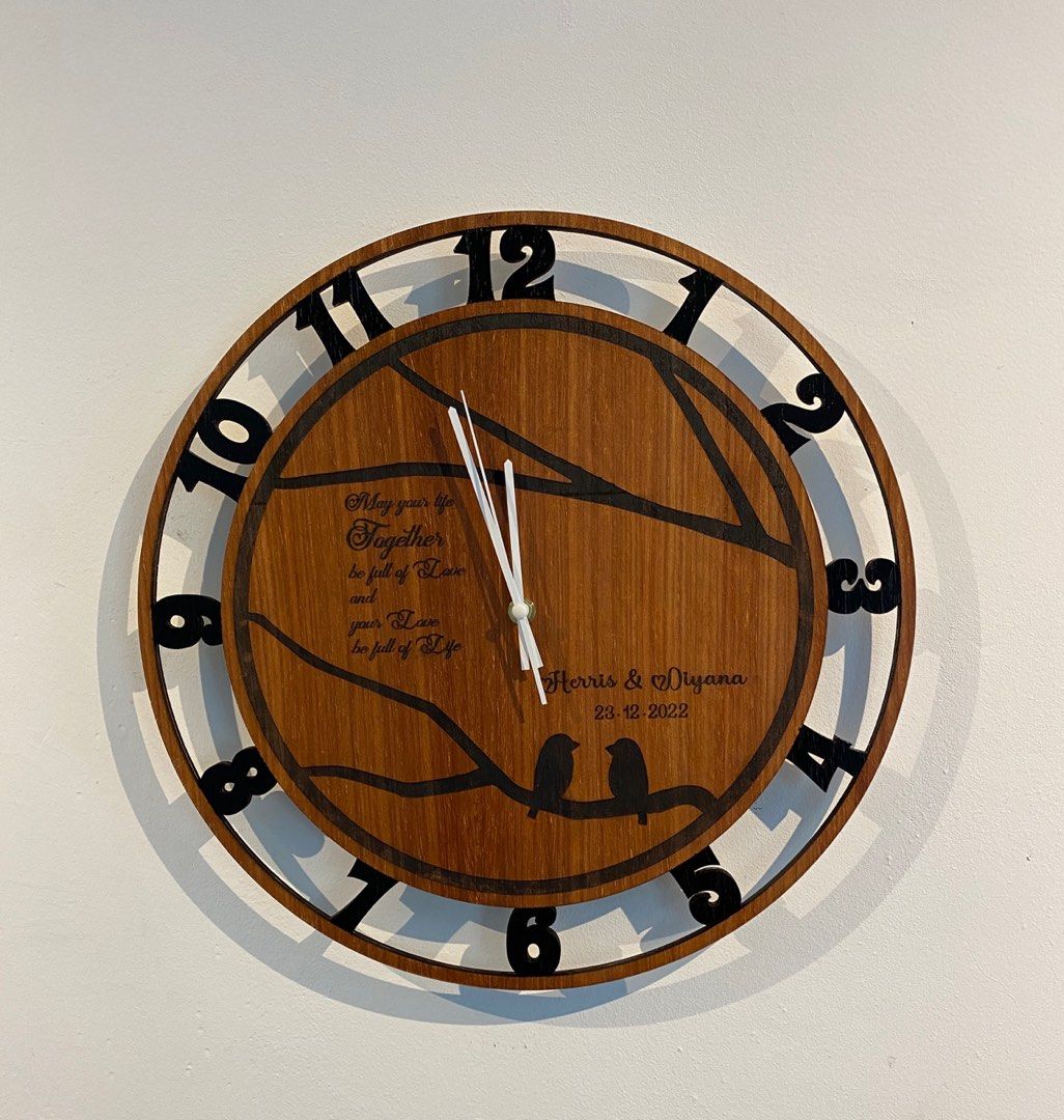 Custom clock wood engraved, Furniture & Home Living, Home Decor, Clocks