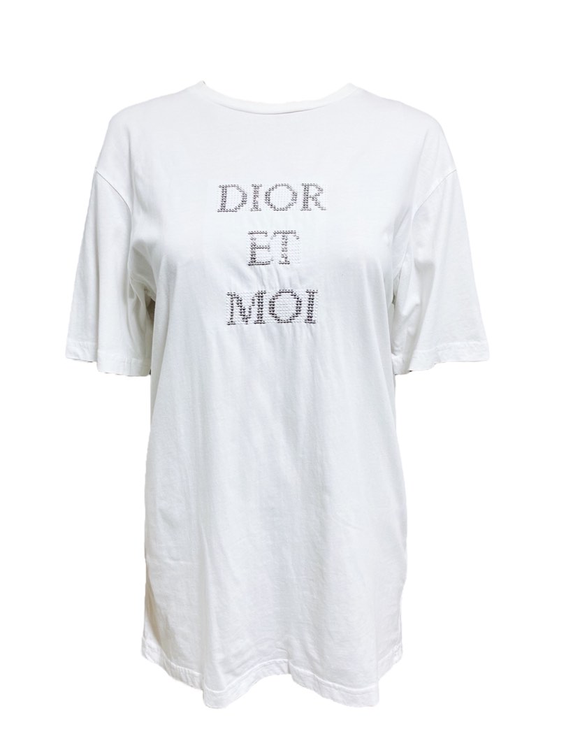 Dior White Cotton Dior Et Moi Sequin Embellished Short Sleeve TShirt L Dior   TLC