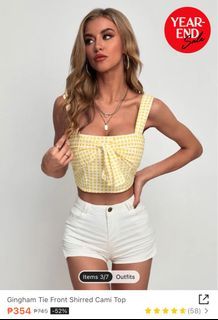 Gingham Tie Front Shirred Cami Top
