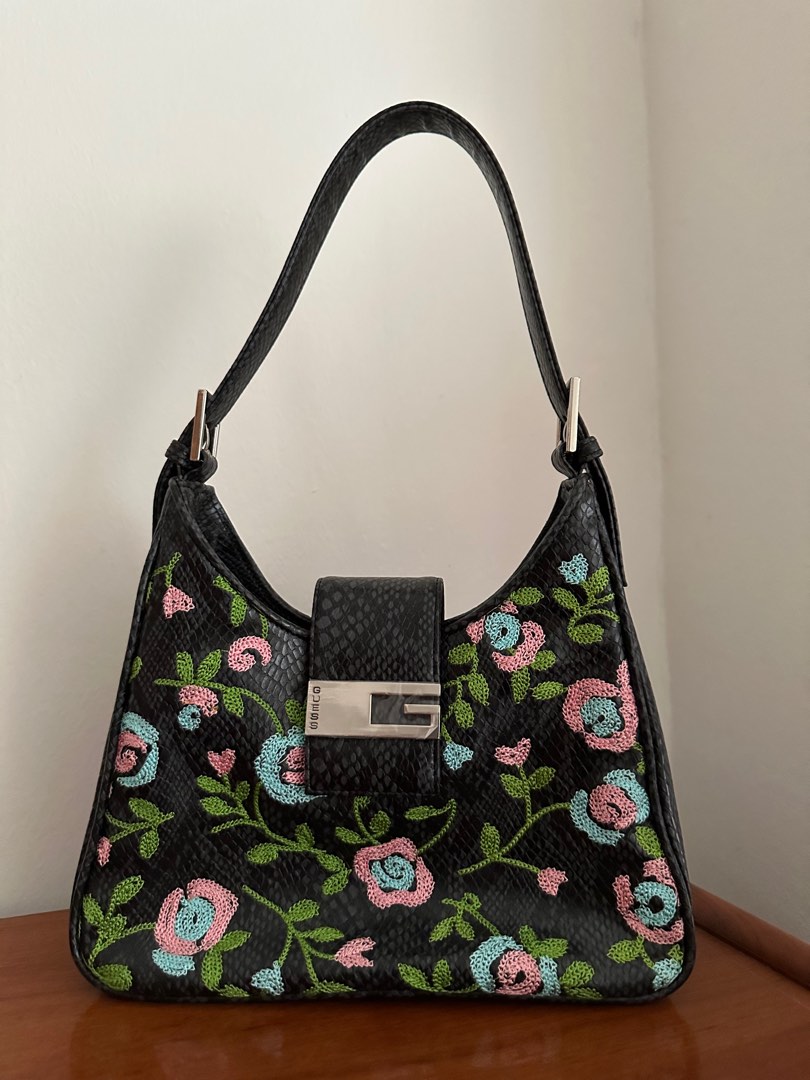 GUESS Vintage Embroidered Floral Snake Print Y2K Shoulder Bag, Women's