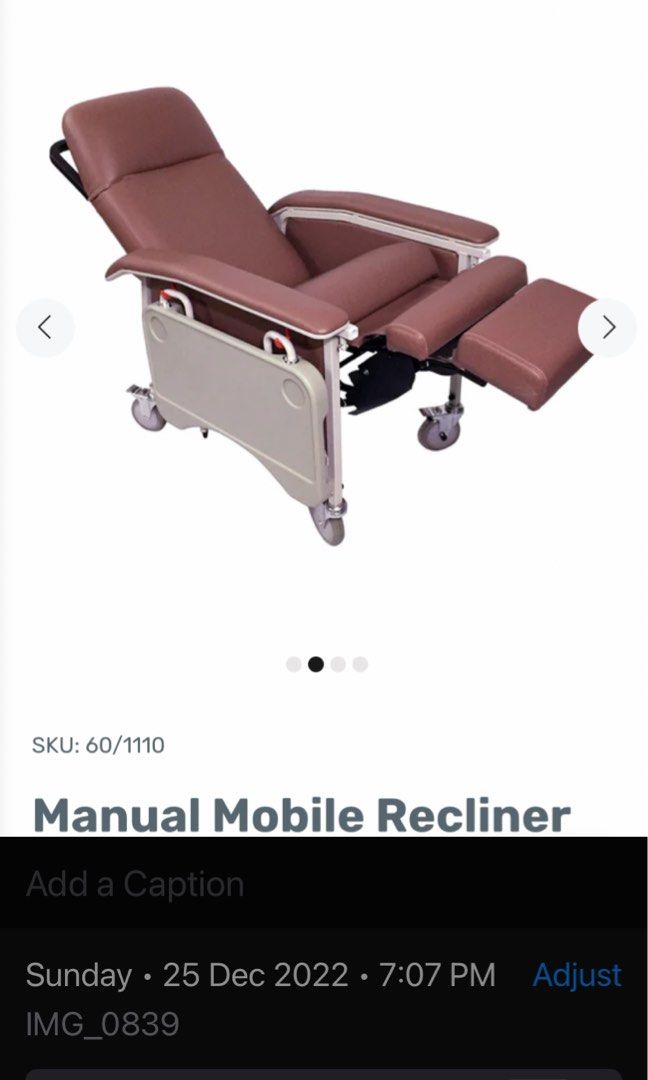 Manual mobile recliner Geriatric Chair with Tray, Health & Nutrition
