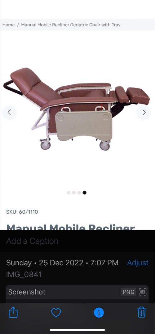 Manual mobile recliner Geriatric Chair with Tray, Health & Nutrition