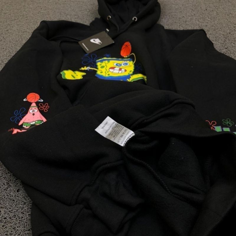 Nike x Spongebob Black Hoodie Fulltag Label Fesyen Pria Pakaian