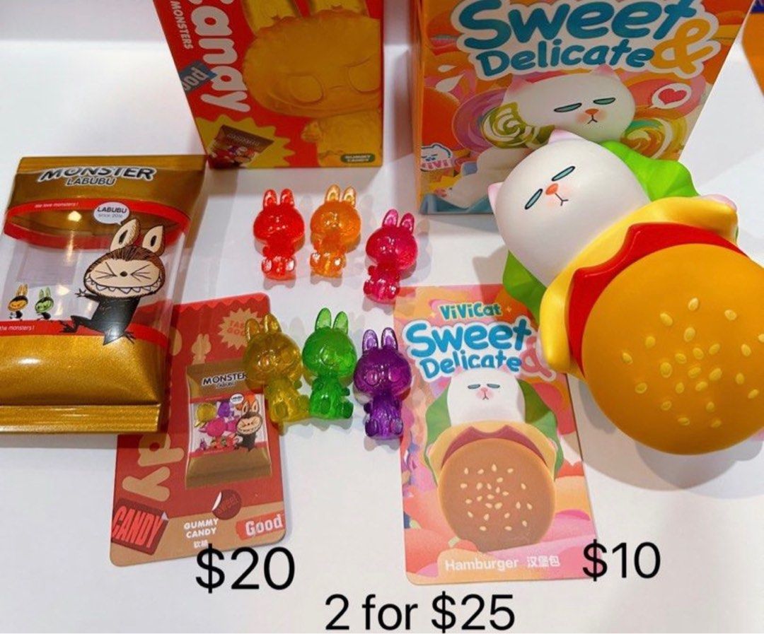 Popmart blindbox Labubu candy gummy candy vivicat hamburger, Hobbies