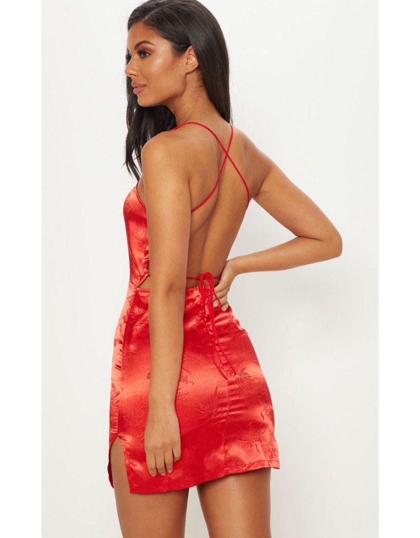 PRETTY LITTLE THING Oriental Print Red Lace up Back Sexy Mini