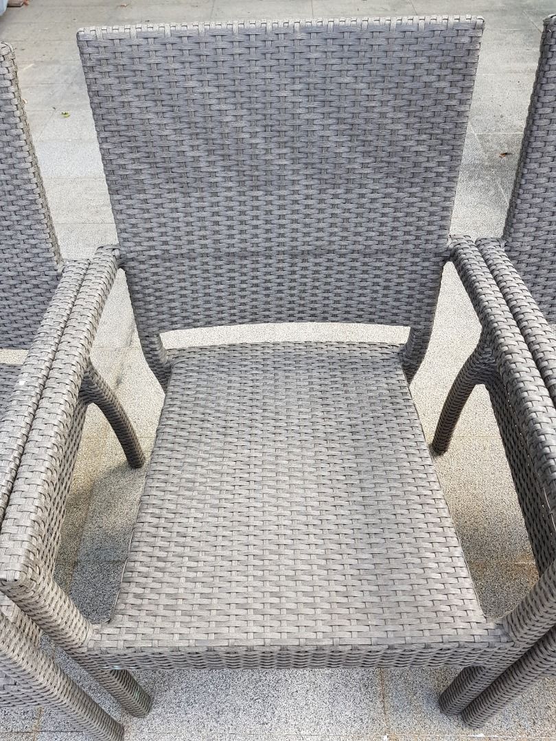 Ratan outdoor balcony chairs 4 x grey 1 x brown stackable, Furniture