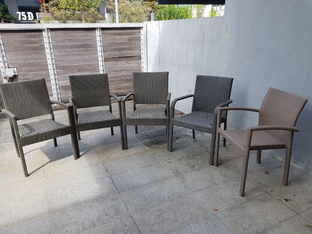 Ratan outdoor balcony chairs 4 x grey 1 x brown stackable, Furniture
