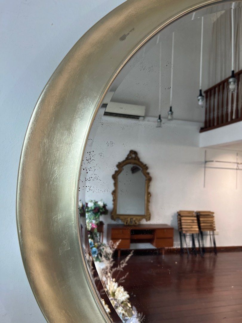 Vintage Large Round Bronze Gold Wall Mirror, Furniture & Home Living