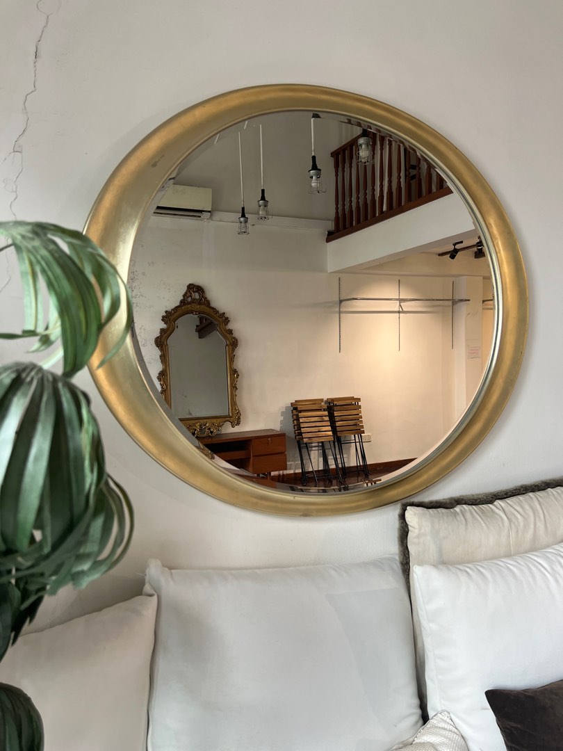 Vintage Large Round Bronze Gold Wall Mirror, Furniture & Home Living